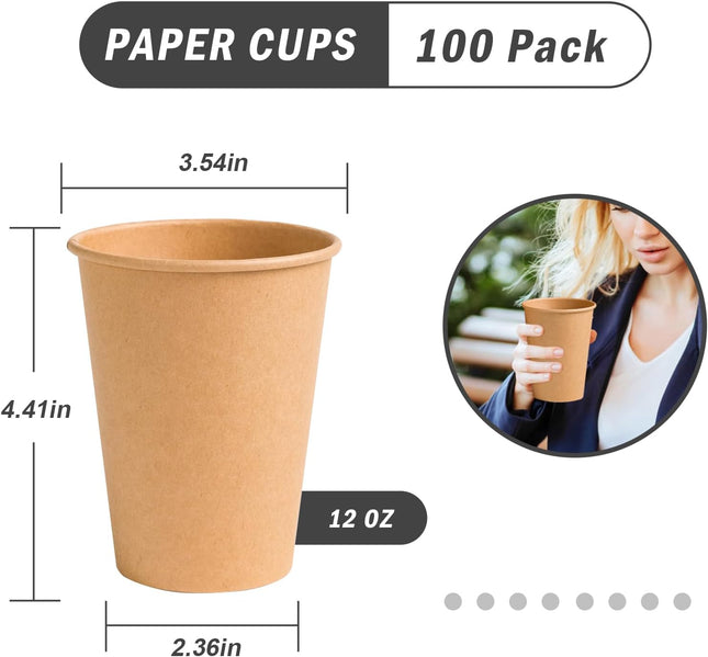 Lamosi 100 Count 12 Oz Kraft Paper Cups, Disposable Hot/Cold Paper Coffee Cups, 