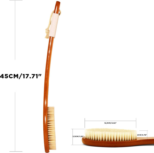 ICANdOIT-17.71Inch Natural Boar Bristles Anti-Slip Curved Long Handle Bath Brush,Bent Handle Shower Scrubber for Exfoliating,Shower Back Brush