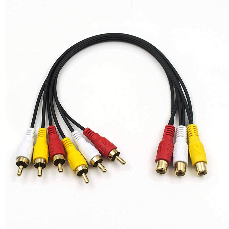 QDiShi RCA Splitter Cable, AV Cable 3 RCA Female to 6 RCA Male Plug Y Splitter Extension Audio/Video Adapter, 30cm/11.8 Inch 3 RCA F to 6 RCA M