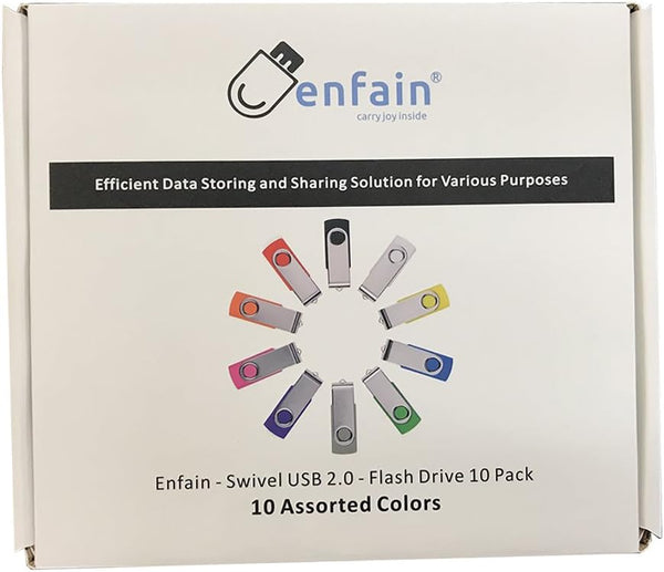 Professional 10-Pack of Enfain 16GB Multicolor USB 2.0 Flash Drive 10 Pack | Swivel Thumb Drives with 31 Labels | Gift-Ready Packaging for