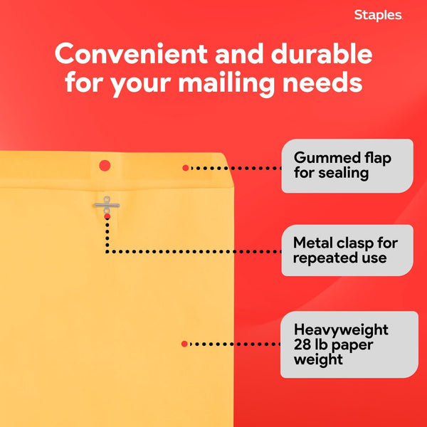 Staples 9 x 12 Kraft Clasp & Moistenable Envelopes, Brown Manila, Heavyweight Document Mailers with Metal Clasp, 100/Box 100 Pack