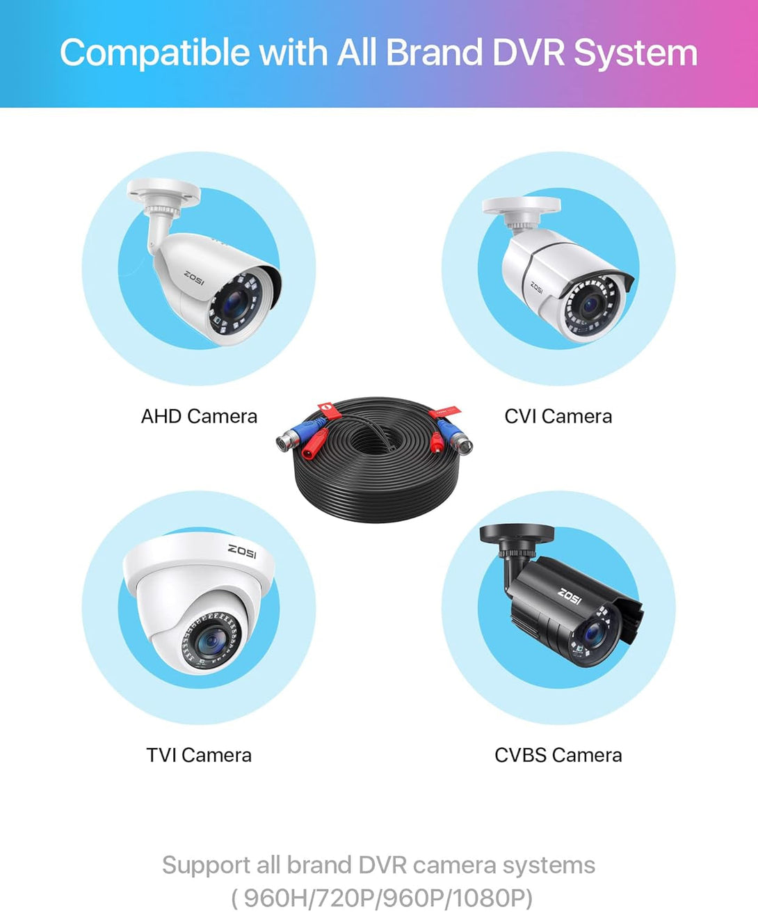 ZOSI 4 Pack 100Ft(30M) All-In-One Video Power Cables,Bnc Extension Security Camera Cable for CCTV Surveillance Camera DVR System with 4 X BNC&RCA Connector and 100Pcs Cable Clips