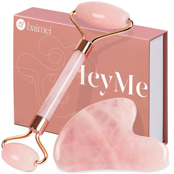 BAIMEI IcyMe Rose Quartz Roller & Gua Sha Facial Tool Set for Depuffing | Cooling Face Roller for Lymphatic Massage,Sculpting Tool for Face, Eyes