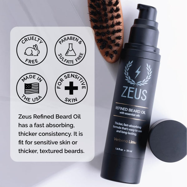 ZEUS Refined Beard Oil, Leave in Conditioner Oil for a Softer Beard & Mustache - Made in USA (Verbena Lime) 1.6 Oz.