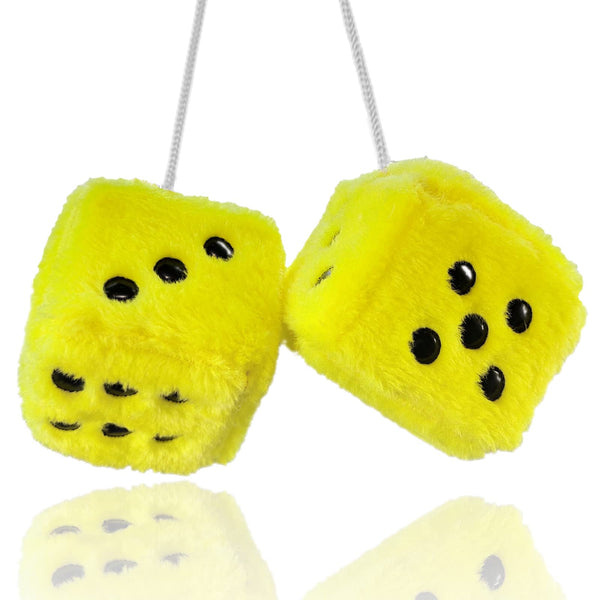 Fuzzy Plush Dice for Car Mirror, Pair of Retro 3â Yellow Dice with Black Dots for Car Interior Hanging Ornament Decoration