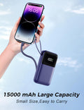 Portable Charger with Built in Cable, 15000mAh Power Bank, 22.5W Fast Charging, 6 Outputs, Slim Travel Essential Battery Pack with LED Display,