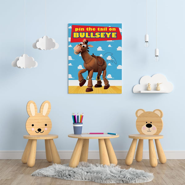 OULUN Toy Inspired Stories Party Supplies, Pin the Tail on the Bullseye Party Game, Large Poster 24PCS Reusable Tail Stickers for Kids Boys