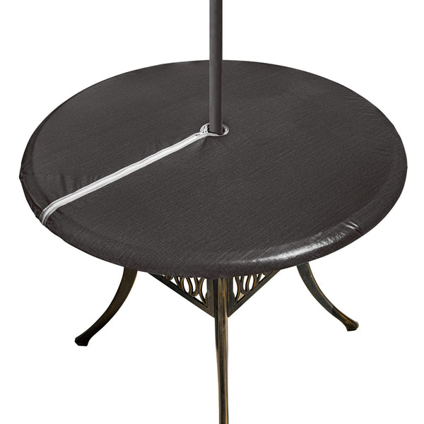 Round Fitted Vinyl Table Cloth Outdoor Tablecloth with Zipper and Umbrella Hole 100% Waterproof Wipe Clean PVC Table Cover for Party, Picnic and