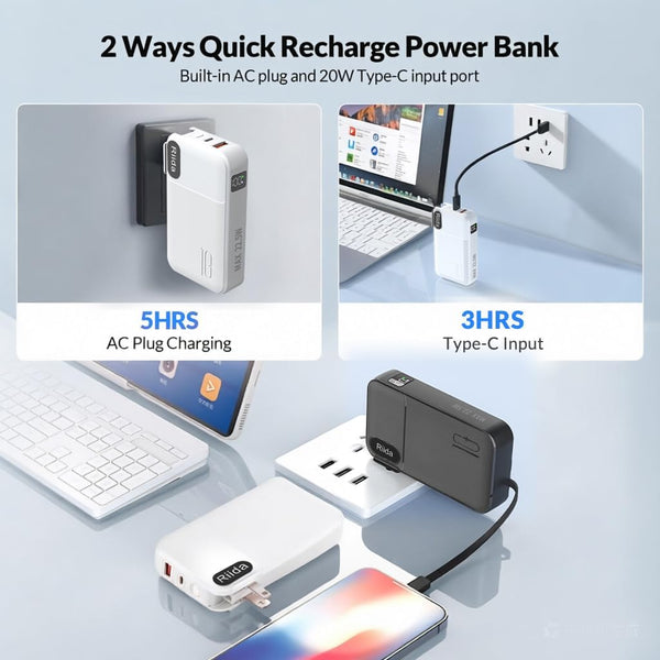 Portable Charger 10000Mah with Built in Cables and AC Wall Plug, 22.5W Fast Charging Power Bank with LED Display, 4 Outputs 3A Travel Battery Pack