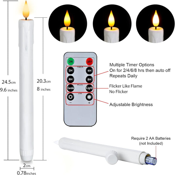 Homemory 3 Pcs Flameless Taper Candles with Remote Timer Dimmer, 9.6" White Flickering Candlesticks Battery Operated, Realistic Plastic LED