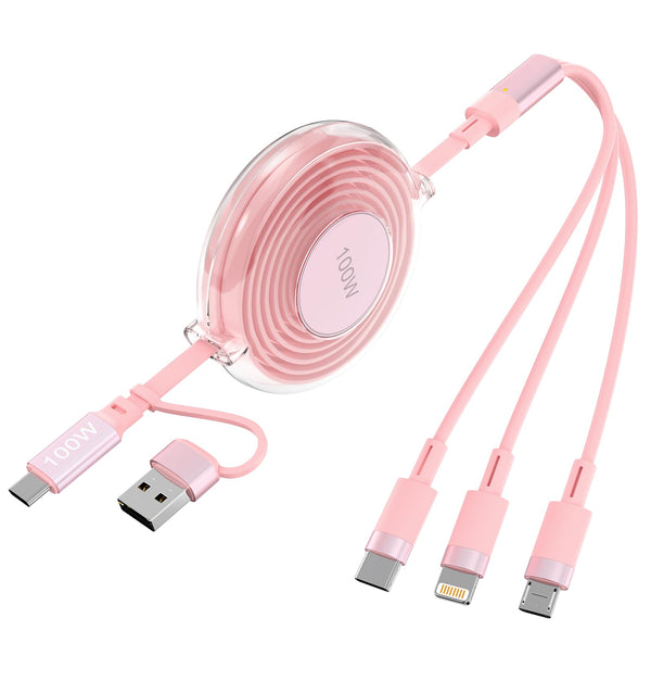 3-in-1 Retractable Multi Charging Cable, 100W Fast Charging USB-C/A to Lightning/USB-C/Micro USB Phone Charger Cord for iPhone 16/15, Samsung,