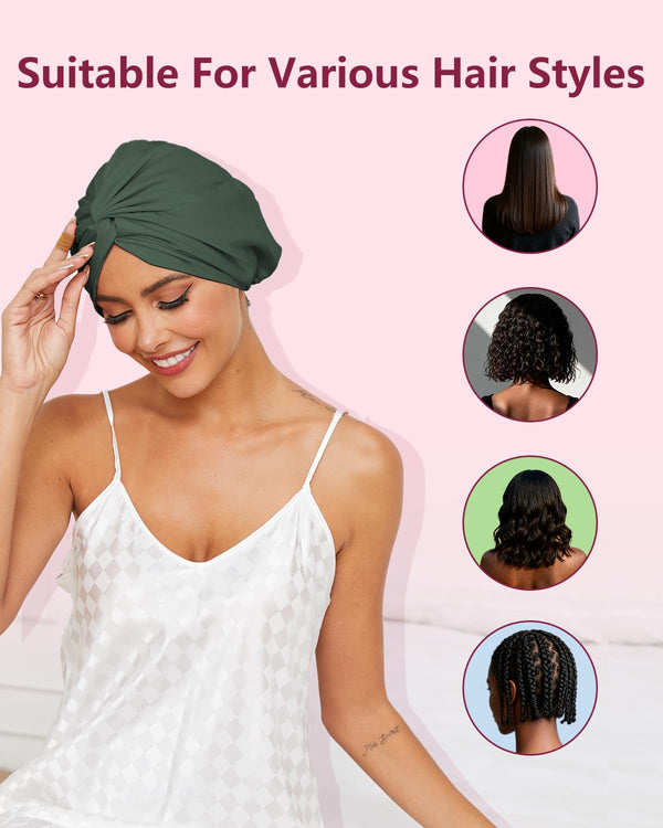 HFRHTGY Adjustable Silk Satin Hair Bonnet for Sleeping, Double Layer Hair Wrap Sleep Cap Turban for Women Men, Curly Straight Braid Unisex (Forest
