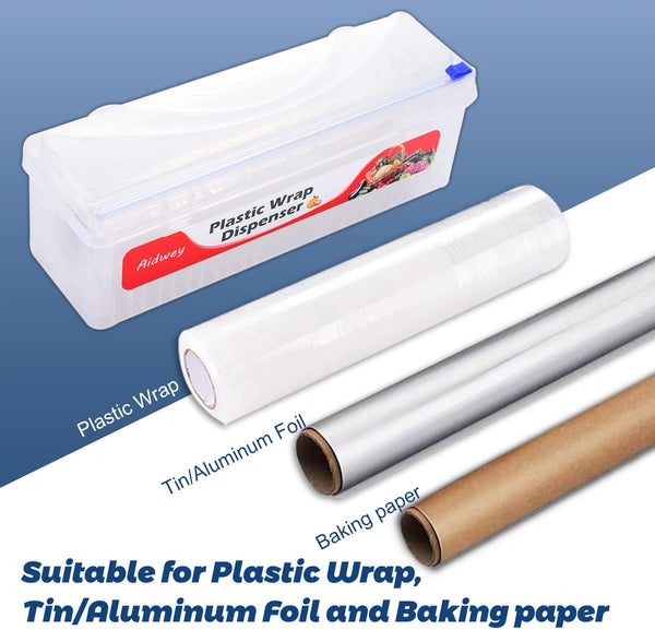 Plastic Wrap Dispenser with Cutter -Cling Wrap Dispenser with Slide Cutter for Food Film, Tin Foil, Aluminum Foil, Baking Paper (Plastic Wrap