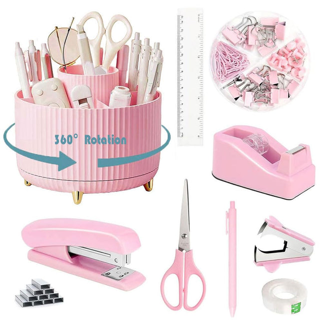 Pink Desk Organizers and Accessories 10Pcs Set with 360-Degree Rotating Pen Hold
