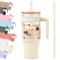 Tronco 40 Oz Glass Tumbler with Straw and Lid, Reusable Glass Tumbler with Handle, Iced Coffee Cup with Bamboo Lid, Glass Water Bottles Fit in Cup