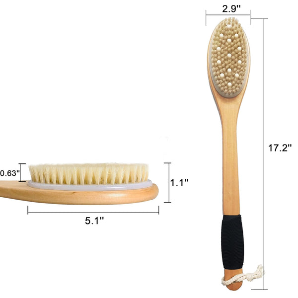 OWIIZI Bath Brush with Cellulite Massagers, Wooden Curved Long Handle Antiskid Dry Brushing Body Brush for Exfoliating, Natural Bristle Back