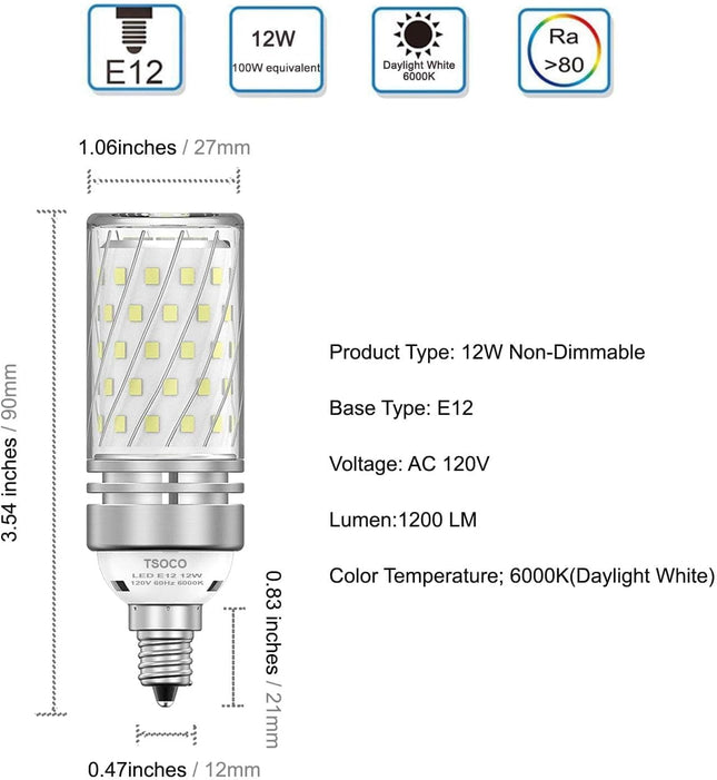 TSOCO E12 LED Bulbs,12W LED Chandelier Light Bulbs,100 Watt Equivalent,6000K Day
