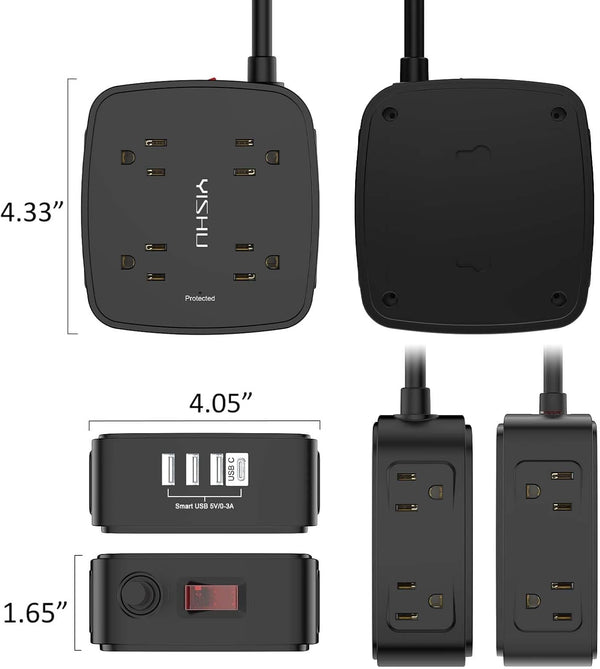 10 Ft Surge Protector Power Strip - 8 Widely Outlets with 4 USB Ports, 3 Side Outlet Extender with 10 Feet Extension Cord, Flat Plug, Wall Mount,