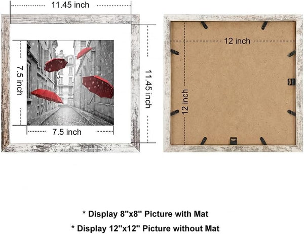 Finefrarm 12x12 Frame Matted to Display 8x8 Photos with Mat or 12 x 12 Pictures Without Mat Rustic Photo Frames Wall Art for Living Room Wall Mounting