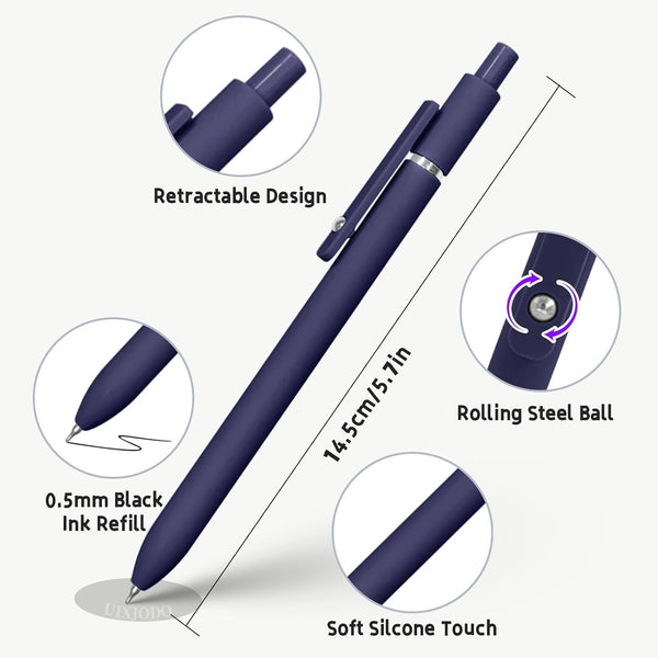 UIXJODO Gel Pens, 5 Pcs 0.5mm Black Ink Pens Fine Point Smooth Writing Pens with Silicone Grip, High-End Series Metal Clip Retractable Pens for