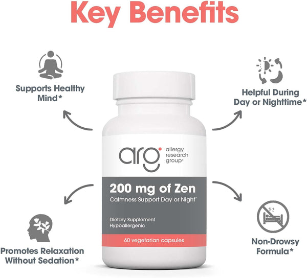 Allergy Research Group 200 Mg of Zen Supplement - Calmness Support, Day or Night, GABA, L-Theanine, Hypoallergenic, Vegetarian Capsules - 60 Count