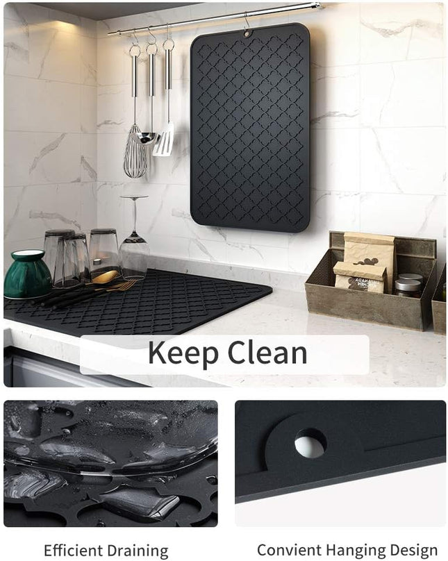 AMOAMI Dish Drying Mats for Kitchen Counter - Silicone Dish Drying Mat - Heat Resistant Mat - Black (16" X 18)