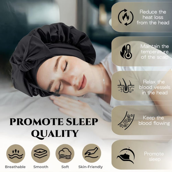 Silk Bonnet for Sleeping Women, Ajustable Hair Bonnet for Curly Hairs Satin Bonnet Reduce Friction Prevent Frizz Black，Large Large Black