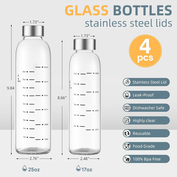 Glass Water Bottles with Lids 17 Oz, Clear Juice Bottles with Stainless Steel Cap, Reusable Glass Drinking Bottle for Juicing, Refrigerator,100%