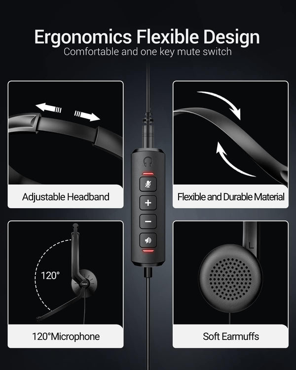 USB Headset with Microphone for PC Laptop - Wired Computer Headphones with Noise Cancelling Microphone for Home Office Online Class Skype Zoom