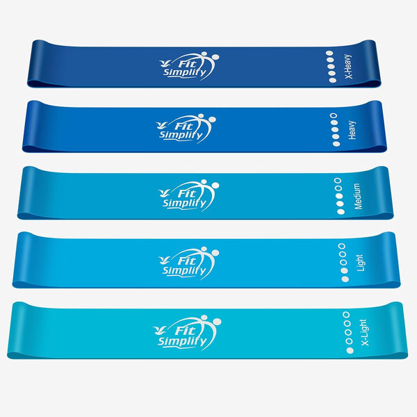 Fit Simplify Resistance Loop Exercise Bands with Instruction Guide and Carry Bag, Set of 5 Blue