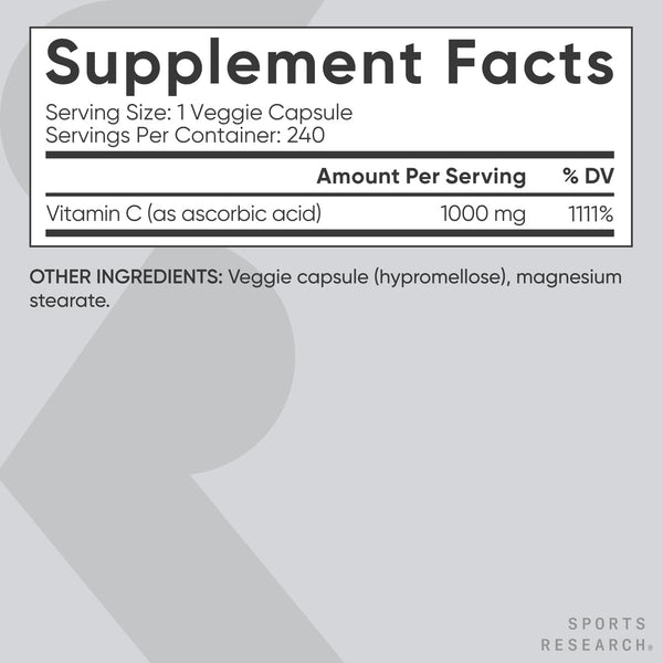 Sports Research Vitamin C 1000Mg - Non-Gmo Project Verified Ascorbic Acid Vitamin C Supplement for Immune Support & Antioxidant Protection | Vegan