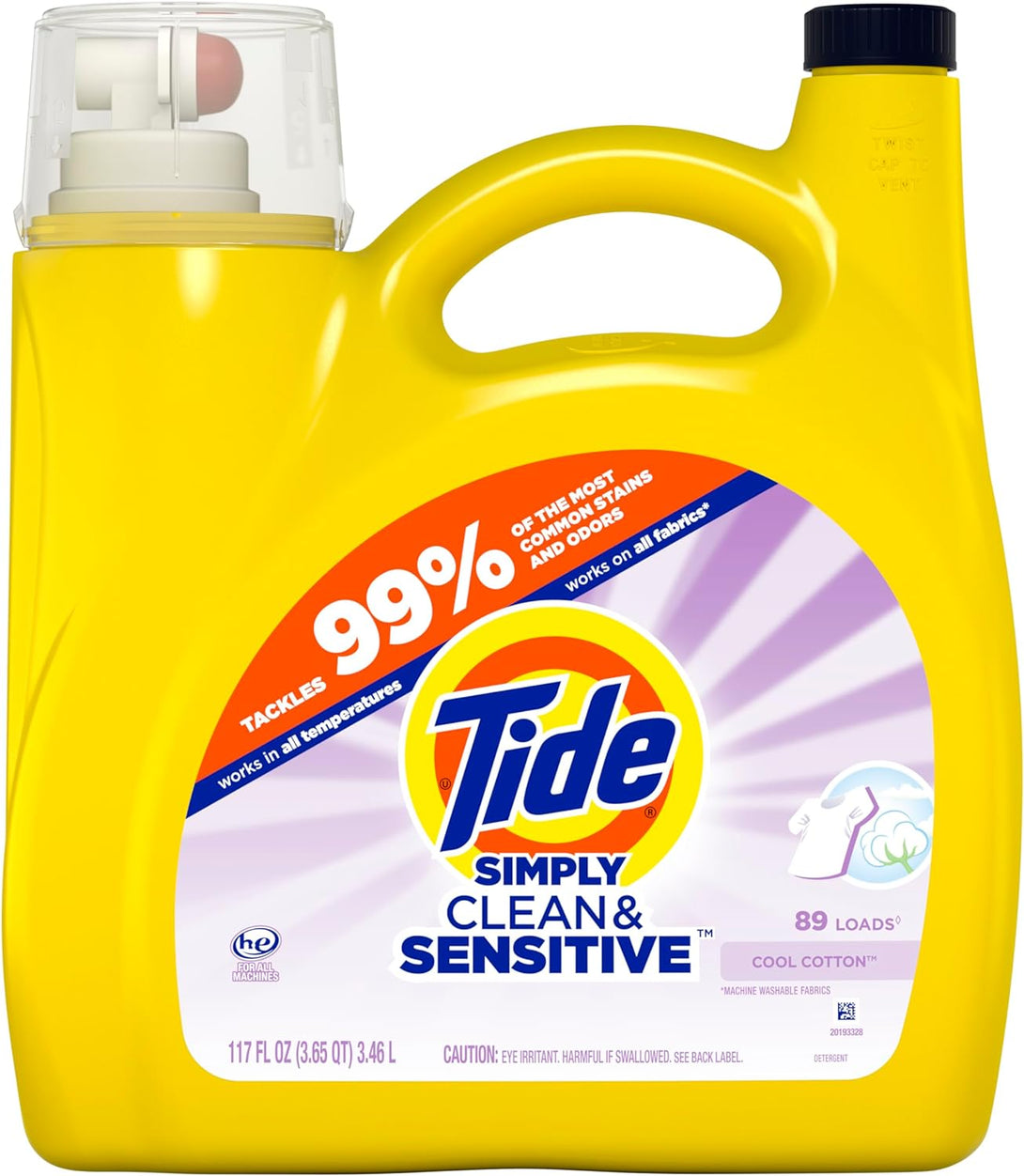 Tide Simply Clean & Sensitive Laundry Detergent, Cool Cotton Scent, 89 Loads, 117 Fl Oz