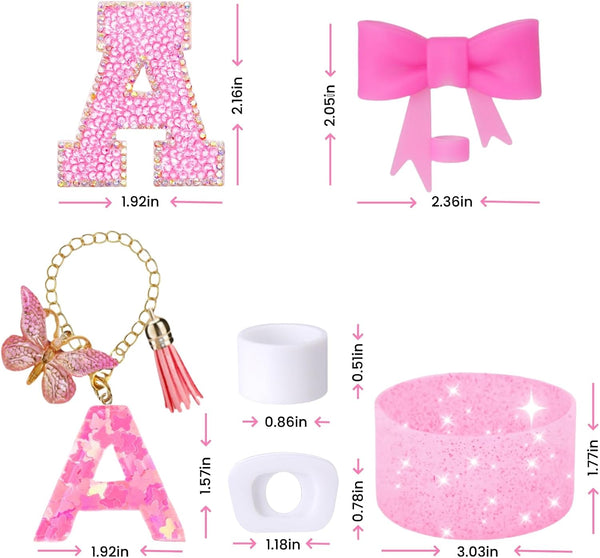 6PCS Pink Stanley Cup Accessories Set, Initials Decorations for Stanley Cup 30oz 40oz, Includes Bow Straw Topper, Handle Charm, Letter Sticker,