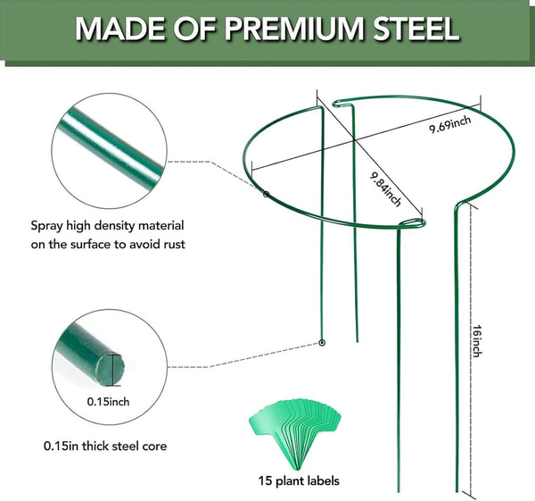 Joyhalo 12 Pack Plant Support Stakes, 16 Inch Plant Stakes for Outdoor Plants, Peony Cages and Supports, Peony Cage with 15 Pcs Twist Ties, Flower
