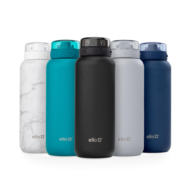Ello Cooper 32Oz Stainless Steel Water Bottle with Straw and Carry Handle, Double Walled and Vacuum Insulated Metal, Lea