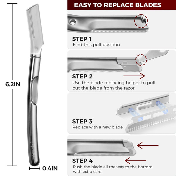 ZOMCHI Eyebrow Razor and Face Razor for Women and Men, Reusable Metal Handle with 11 Refill Blades, Dermaplane Razor with Protective Silicone Cap,