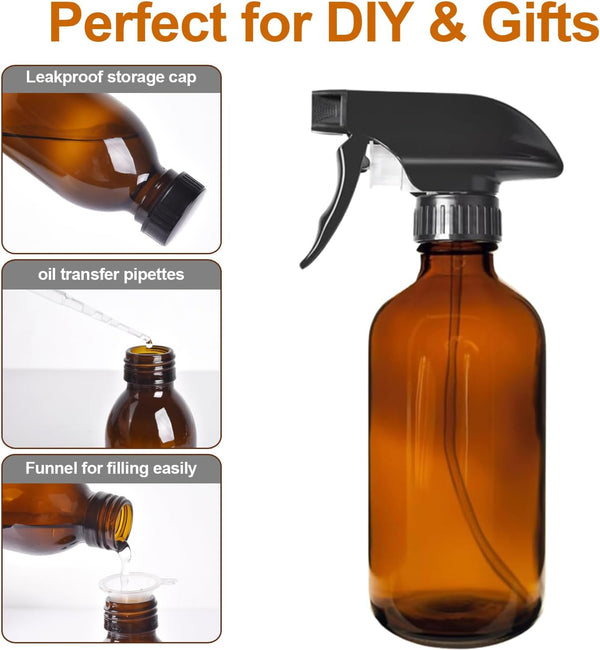 LANBEAUTIFY 8oz Amber Glass Spray Bottles - 2 Pack Empty Refillable Bottles for Cleaning, Hair Care, Essential Oils, Plants - Includes Durable