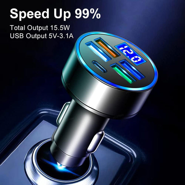 5 Port USB Car Charger(4USB+Type C) Compact Fast Charger Cigarette Lighter Adapter with LED&Voltage Monitor, Compatible with iPhone 14/Pro