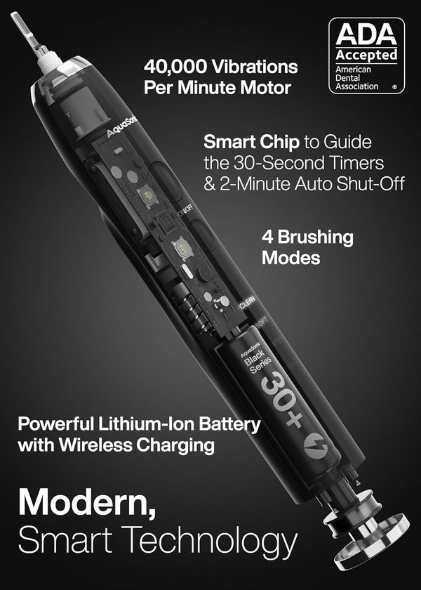 Aquasonic Black Series Ultra Whitening Toothbrush â ADA Accepted Electric Toothbrush- 8 Brush Heads & Travel Case â 40,000 VPM Electric Motor &
