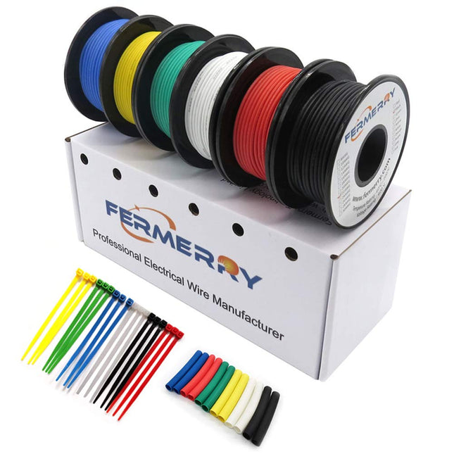 Fermerry 24 AWG Stranded Wire Spool 5Ft Each 6 Colors Flexible 24 Gauge Silicone Hook up Wire Kit Electrical Tinned Copp