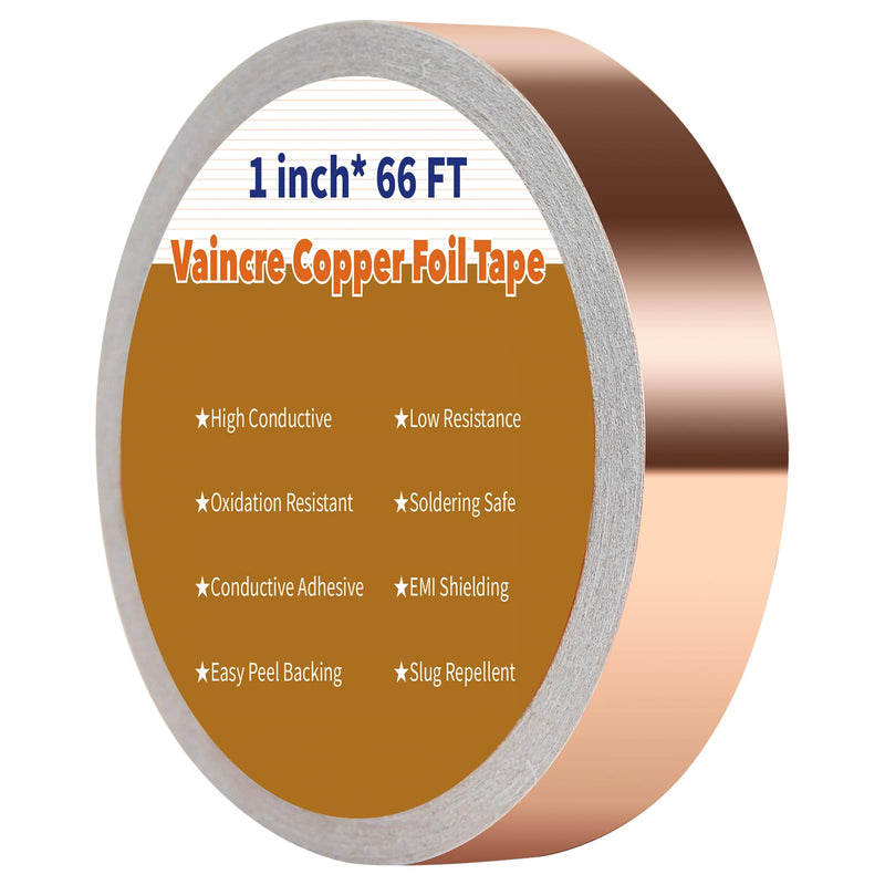 Vaincre Copper Tape (1inch X 66 FT), Copper Foil Tape with Conductive Adhesive for Stained Glass, Guitar, EMI Shielding, Crafts, Electrical