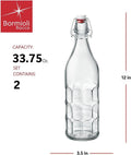Bormioli Rocco Set of 2 Moresca Bottles, 33.75 Oz. Clear Textured Glass, with Swing Top Hermetic Lid, Leak Proof Water Bottle, Dishwasher Safe,