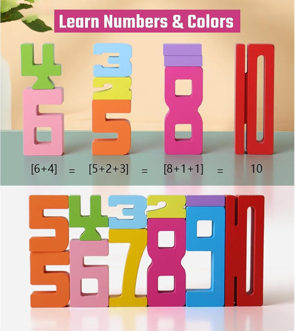 20PCS Wooden Number Building Blocks- Montessori Math Stacking Number Blocks Toys with Counting Games, Bright Digital Building Blocks Friends of
