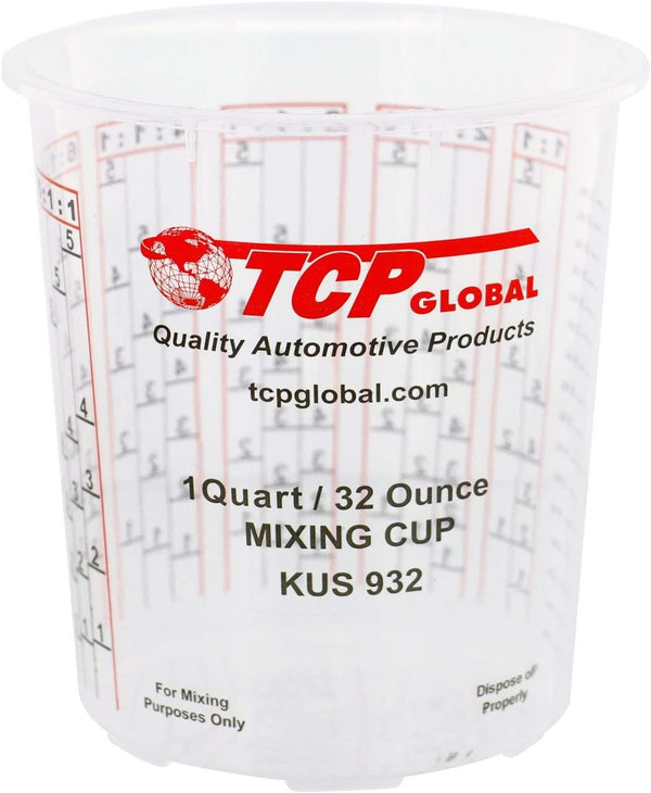 Custom Shop/TCP Global Full Case of 100 Quart (32oz) Paint Mixing Cups with 50 Lids - Cups are Calibrated with Multiple Mixing Ratios (1-1) (2-1)