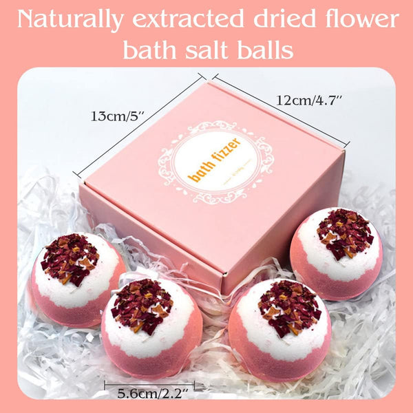 Dried Flower Bath Bombs Salt Balls,4 Pack Gift Set,Rose Extract Essential Oils,Moisturizing Dry Skin,Fizzy Spa,Relaxation,Self