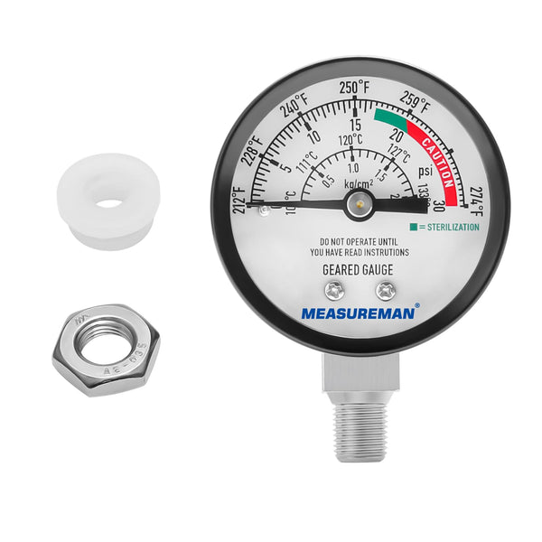 MEASUREMAN Stainless Steel Pressure Cooker Gauge, Pressure Canner Gauge, Steam Pressure Gauge, 2" Dial, Lower Mount, Including Hexagon Gasket and