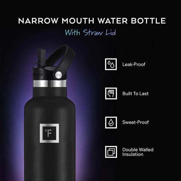 IRON °FLASK 24 oz Narrow Mouth Water Bottle with Straw | Insulated Stainless Steel Sports Water Bottle with Leakproof Straw Lid - BPA Free, Cold