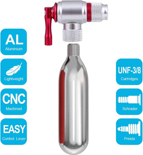 CO2 Bike Tire Inflator, Quick & Easy Presta and Schrader Valve Compatible Bicycle Pump for Road and Mountain Bikes Include Sleeve and No CO2