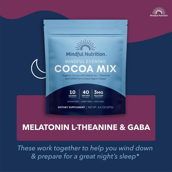 Mindful Evening Sugar Free Cocoa Mix Natural Sleep Aid, 40 Servings, Melatonin 3Mg, L-Theanine, GABA Supplements, Natural Calm Sleep Support