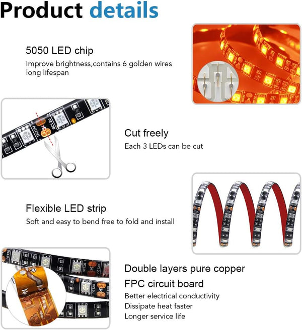 ALITOVE Orange LED Strip Lights 16.4ft 5050 SMD Black PCB 5M 300 LEDs Waterproof IP65 12V DC for Home Hotels Clubs Shopping malls Cars Lighting